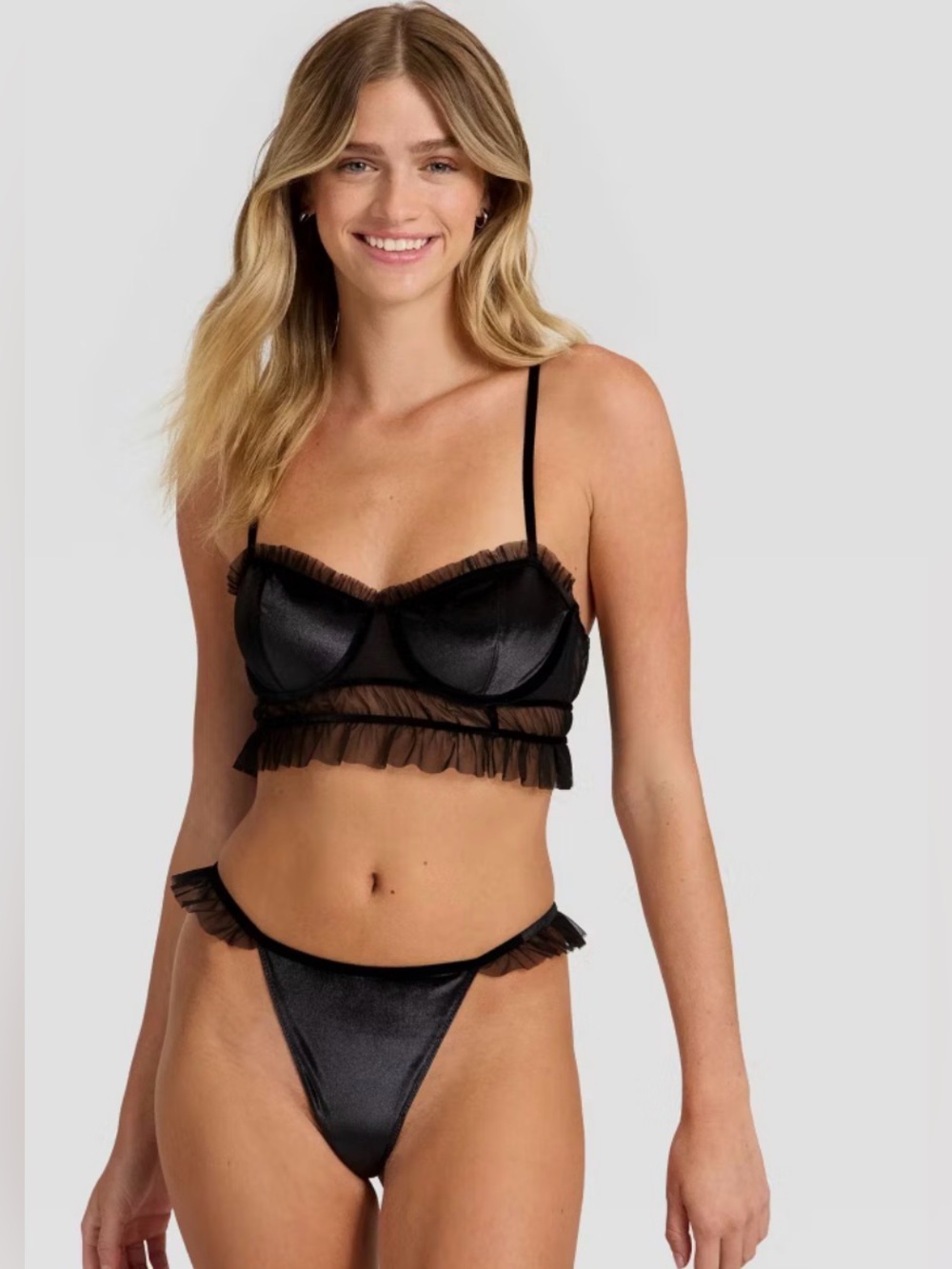 Medium Auden Velvet & Mesh Sheer Ruffle Satin Bralette & Thong Set - Black